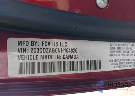 2022 Dodge Challenger Sxt z USA, uszkodzony, nr VIN 2C3CDZAG0NH164826